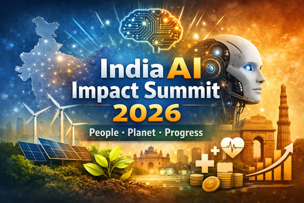 Illustration of India AI Impact Summit 2026 theme showing AI brain, India map, renewable energy, healthcare, and growth icons representing People, Planet, and Progress.